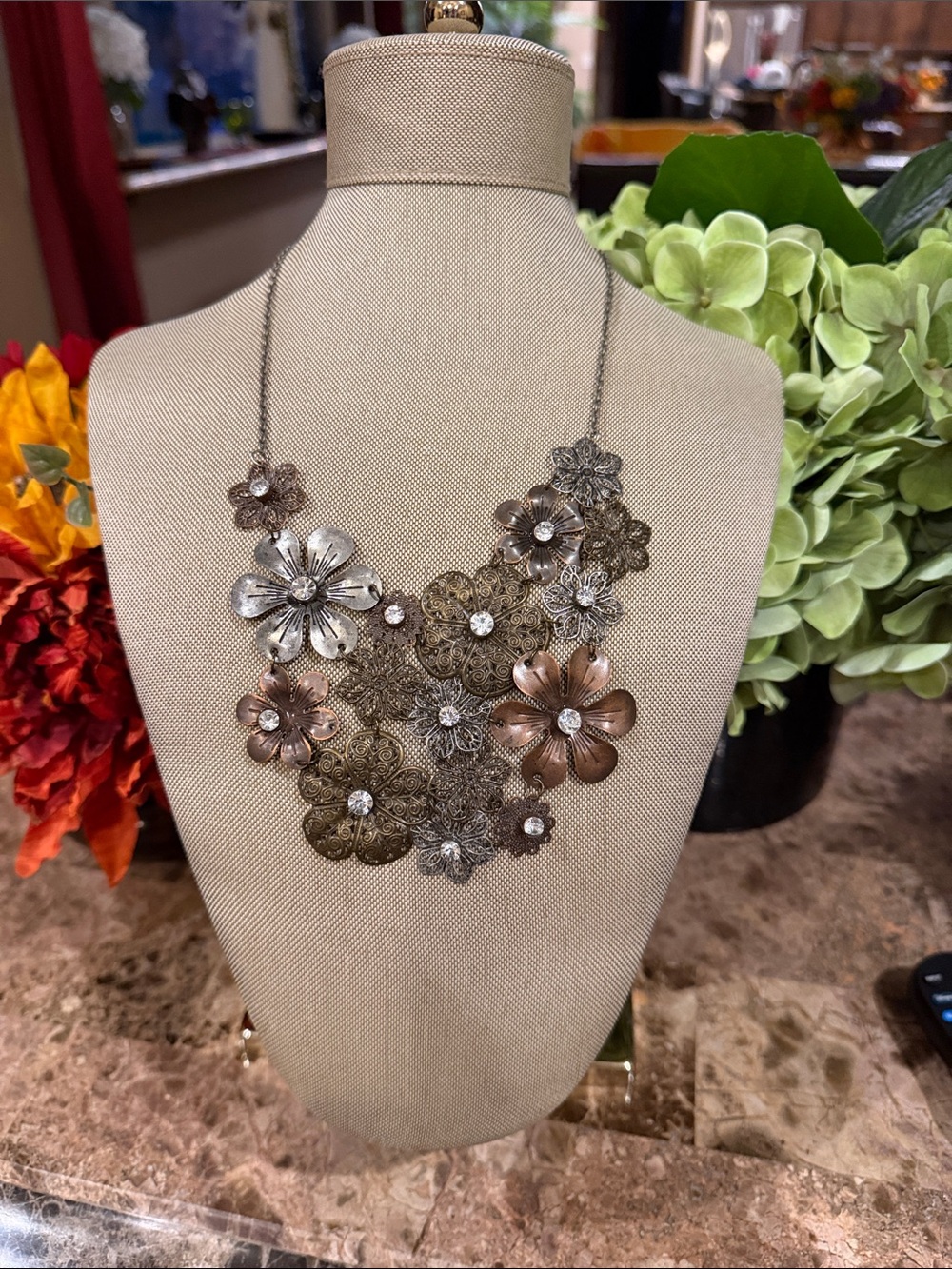 Floral Rhinestone Statement Necklace in Mixed Metals